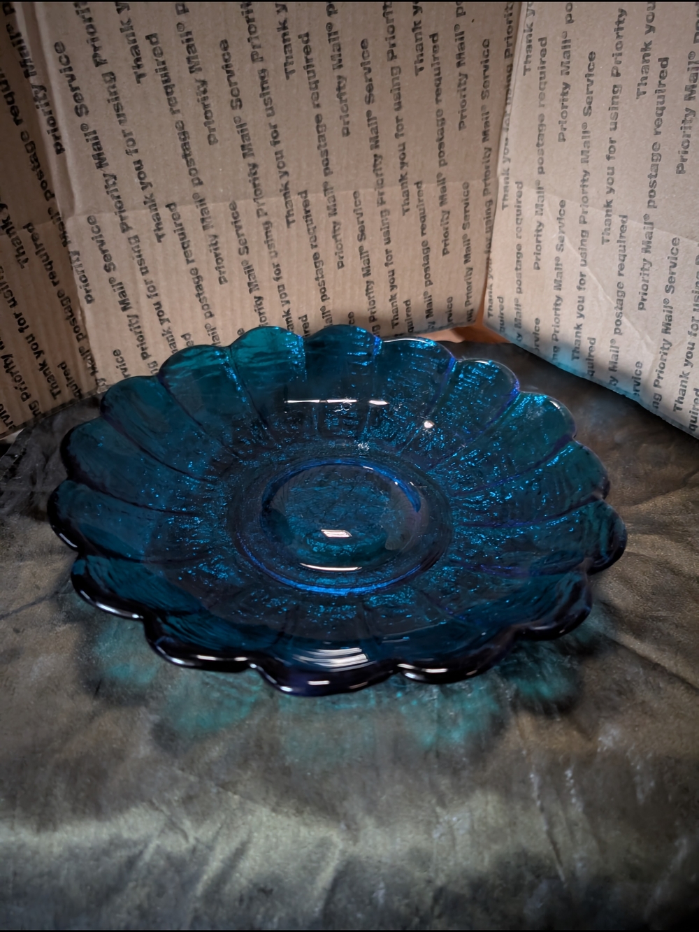 Deep Teal Pressed Glass Floral Bowl